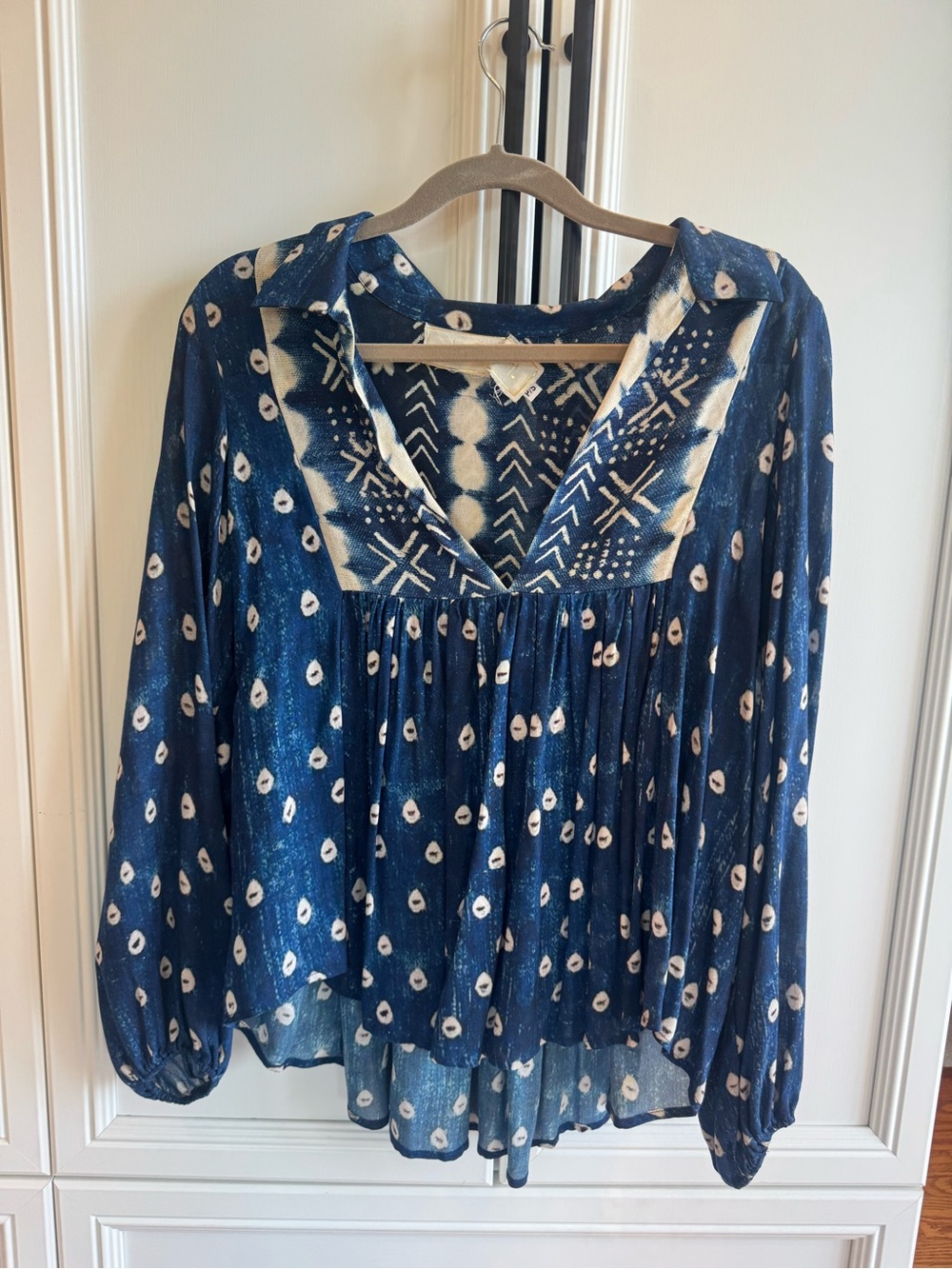 Jen's Pirate Booty Indigo and White Printed Peasant Top